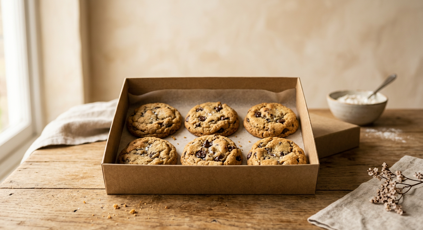 An open kraft box with six chocolate chip cookies, arranged two by three.