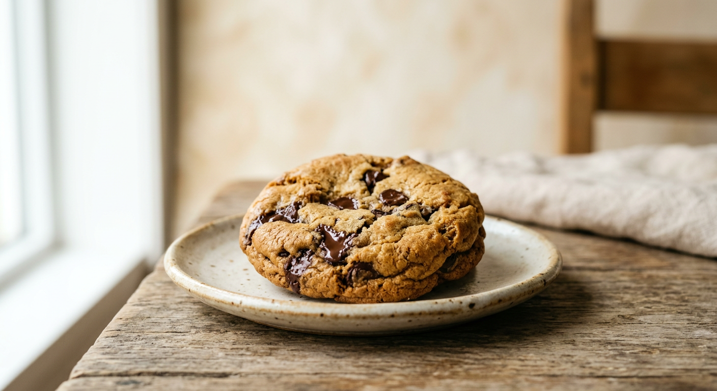 A single large chocolate chip cookie on a ceramic plate.