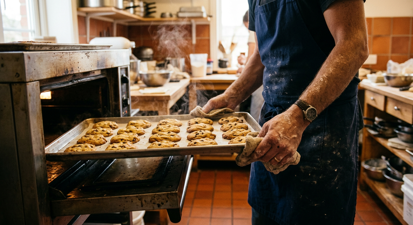 A baker pulling a tray of fresh cookies out of the oven.