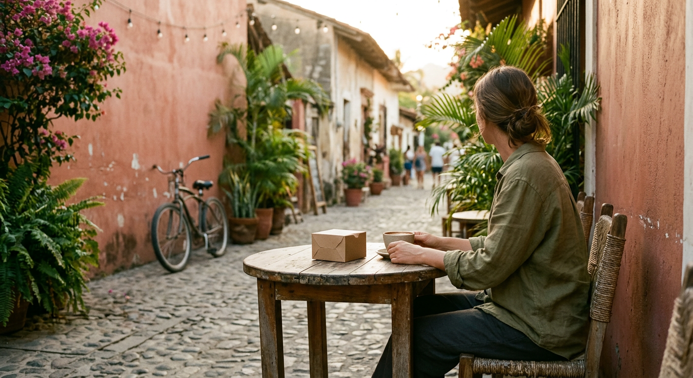 A resident sitting at an outdoor table on a quiet side street, with a kraft cookie box and coffee.
